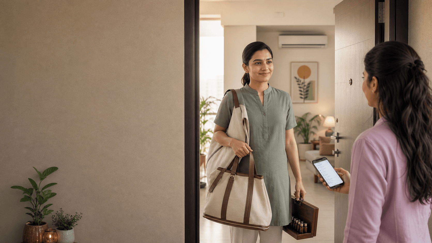 Certified wellness therapist arriving at a modern home for an escrow-protected wellness session